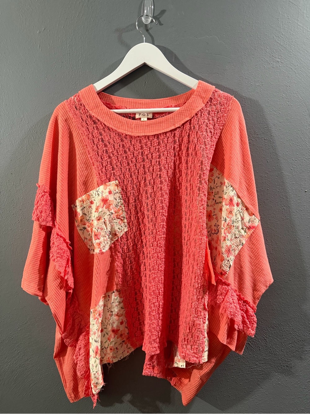 NWOT. POL Coral Pink Floral Patchwork Tunic Top